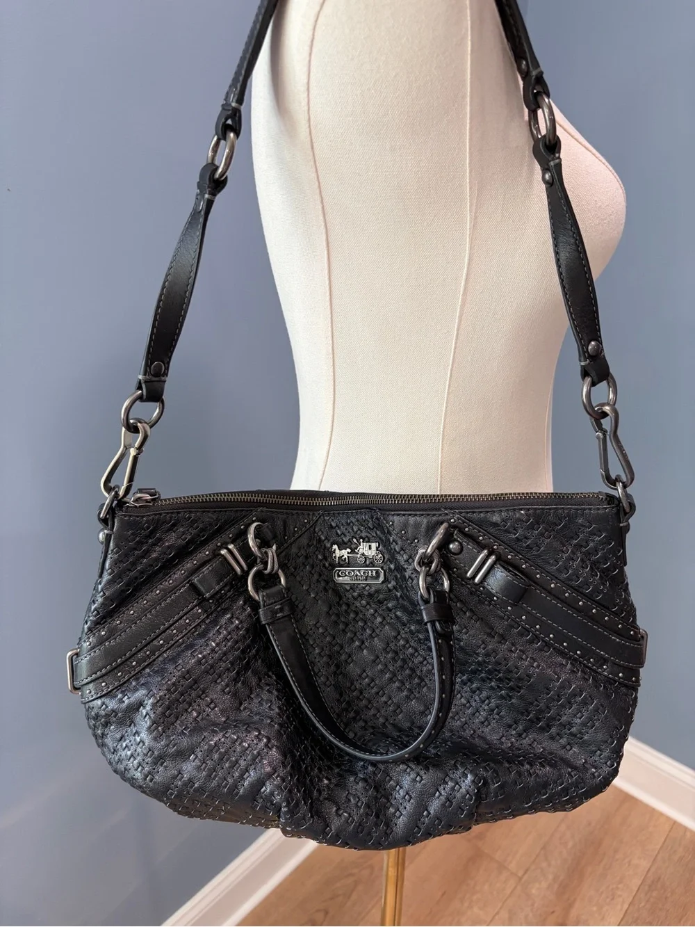 Coach Madison Sophia Black Woven Leather Satchel Crossbody Bag 17787